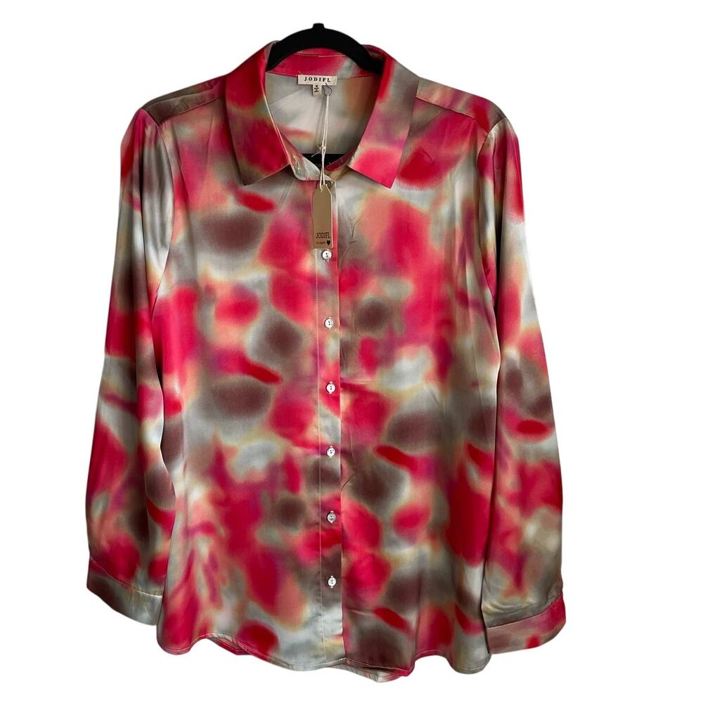 Jodifl Satin Blouse NEW Sz M Button Up Long Sleeves Watercolor Print Colorful - Picture 1 of 9